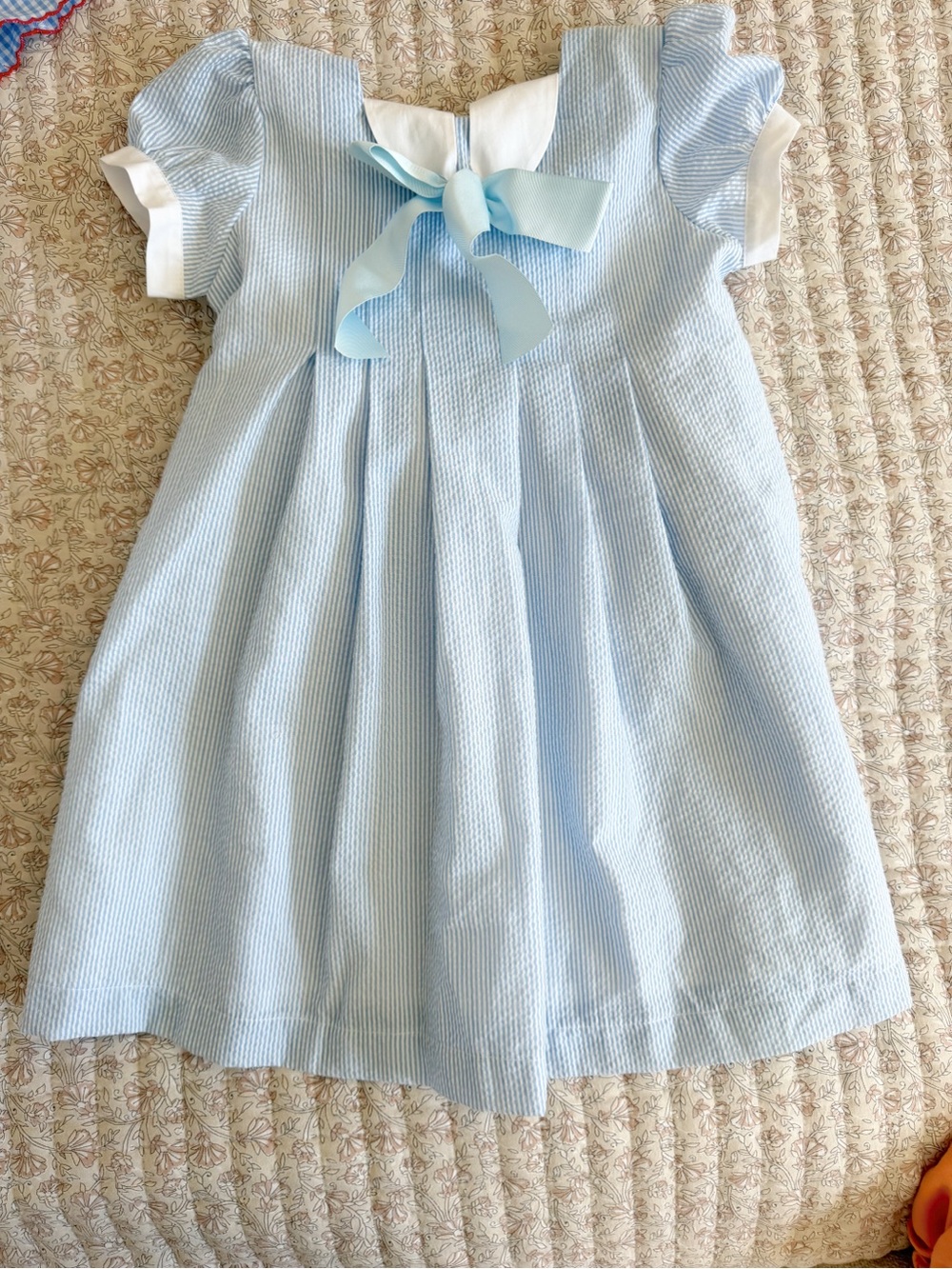 Light Blue Seersucker Girls' Pleated Dress with Bow Accent